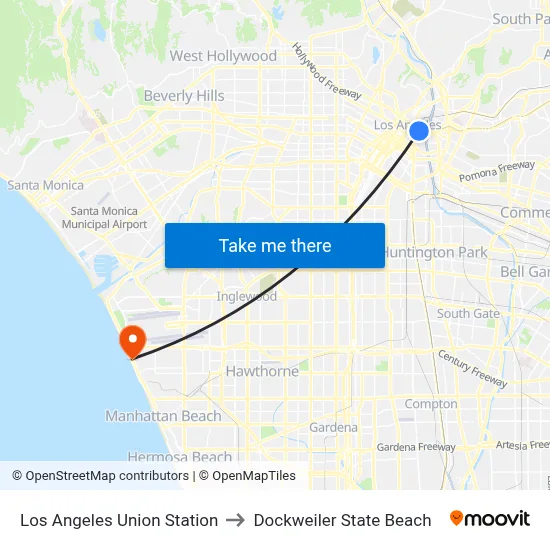 Los Angeles Union Station to Dockweiler State Beach map