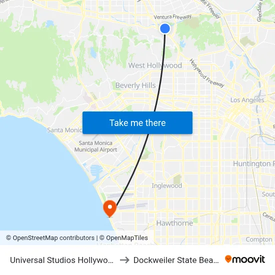 Universal Studios Hollywood to Dockweiler State Beach map