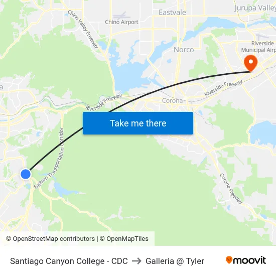 Santiago Canyon College - CDC to Galleria @ Tyler map