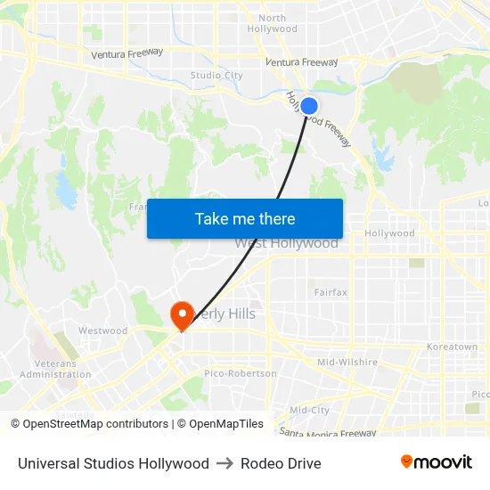 Universal Studios Hollywood to Rodeo Drive map