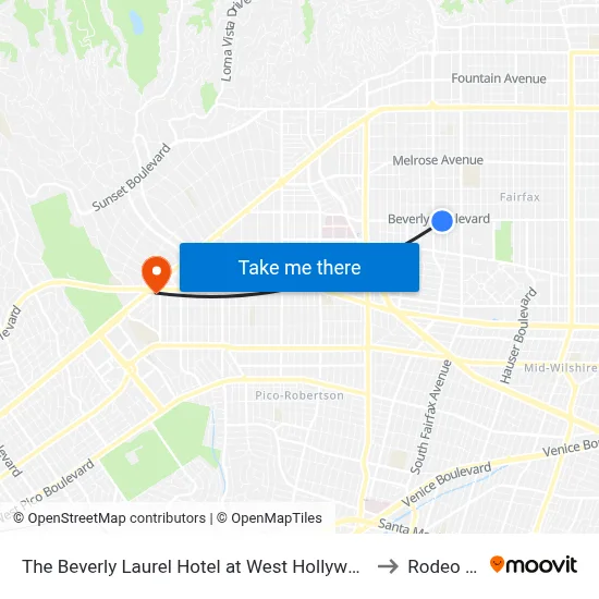 The Beverly Laurel Hotel at West Hollywood, Los Angeles to Rodeo Drive map