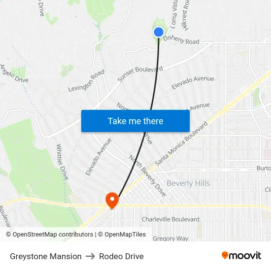 Greystone Mansion to Rodeo Drive map
