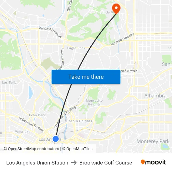 Los Angeles Union Station to Brookside Golf Course map