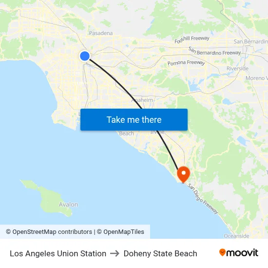 Los Angeles Union Station to Doheny State Beach map