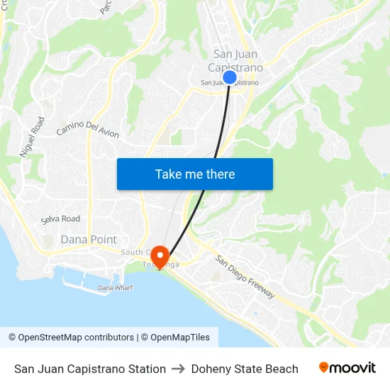 San Juan Capistrano Station to Doheny State Beach map