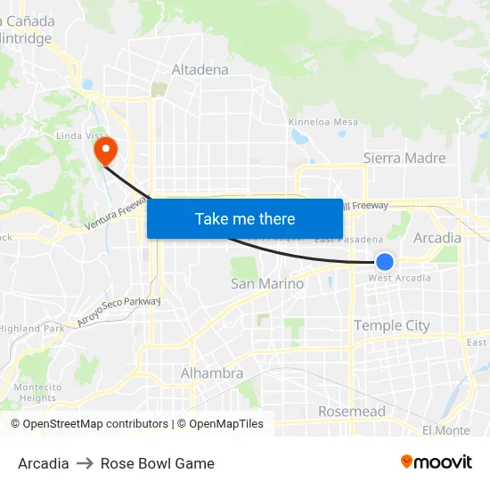 Arcadia to Rose Bowl Game map