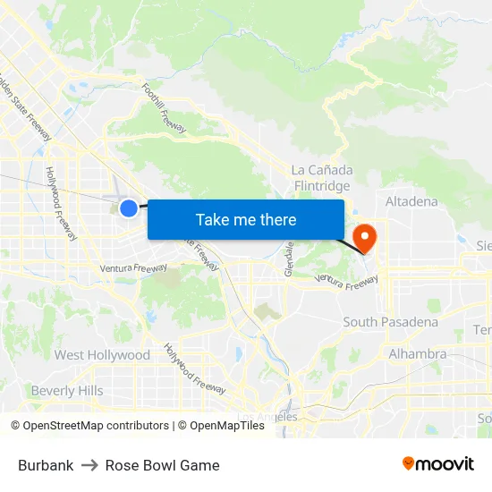 Burbank to Rose Bowl Game map