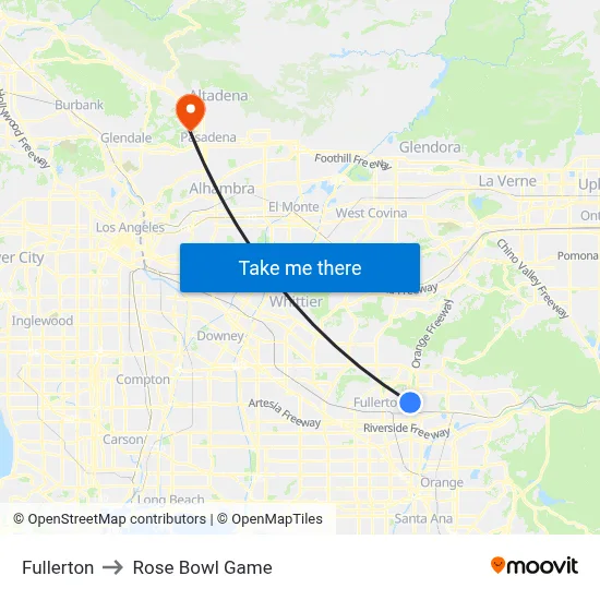 Fullerton to Rose Bowl Game map