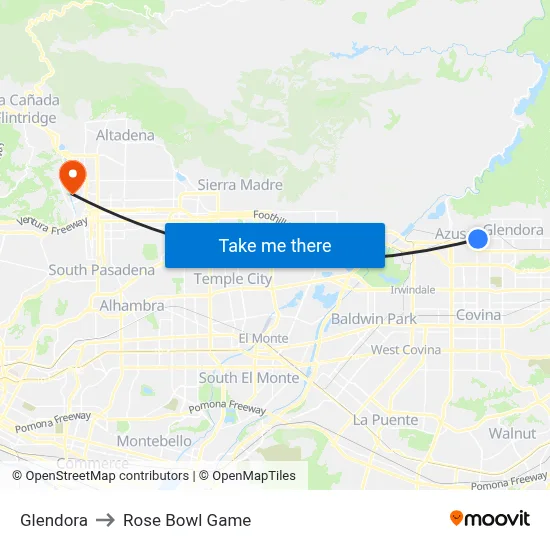 Glendora to Rose Bowl Game map