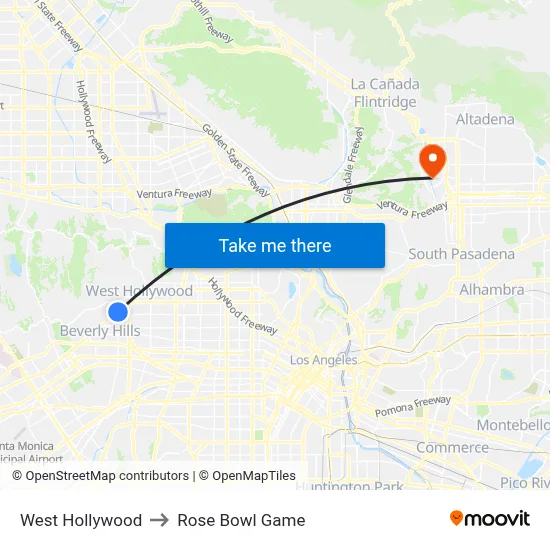 West Hollywood to Rose Bowl Game map