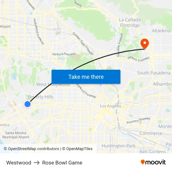 Westwood to Rose Bowl Game map