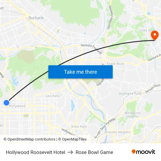 Hollywood Roosevelt Hotel to Rose Bowl Game map