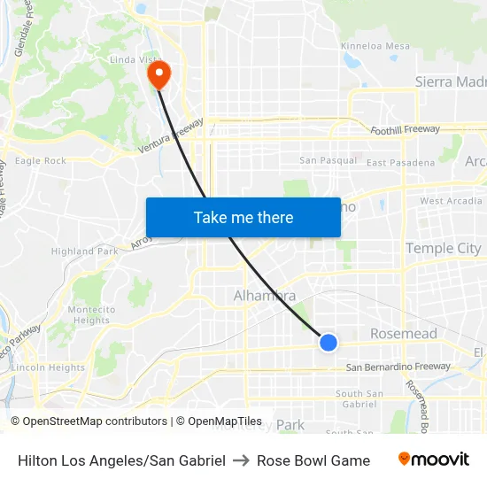 Hilton Los Angeles/San Gabriel to Rose Bowl Game map