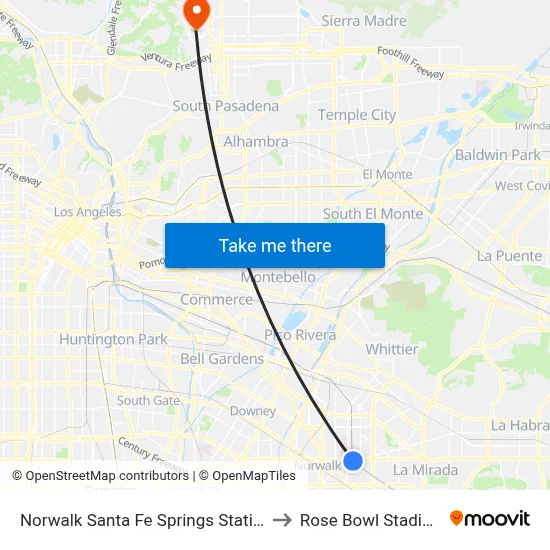 Norwalk Santa Fe Springs Station to Rose Bowl Stadium map