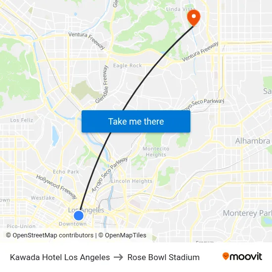 Kawada Hotel Los Angeles to Rose Bowl Stadium map