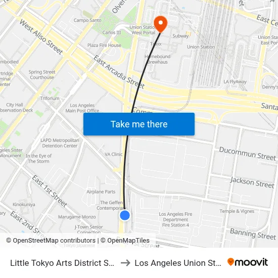 Little Tokyo Arts District Station to Los Angeles Union Station map