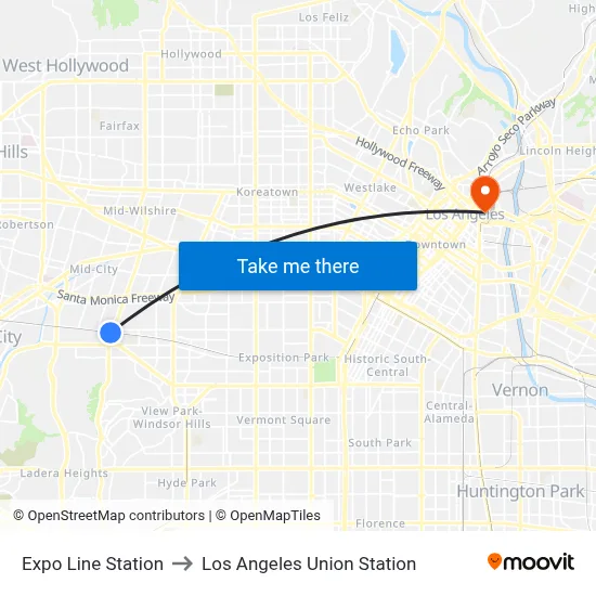 Expo Line Station to Los Angeles Union Station map