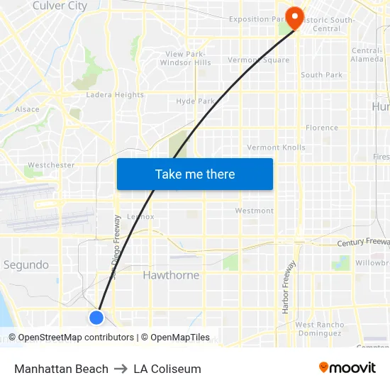 Manhattan Beach to LA Coliseum map
