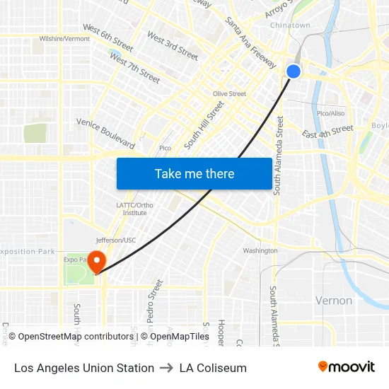 Los Angeles Union Station to LA Coliseum map