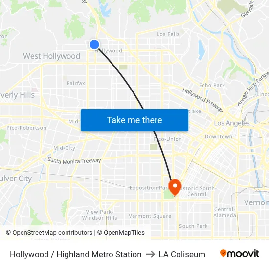 Hollywood / Highland Metro Station to LA Coliseum map