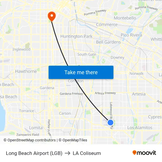 Long Beach Airport (LGB) to LA Coliseum map