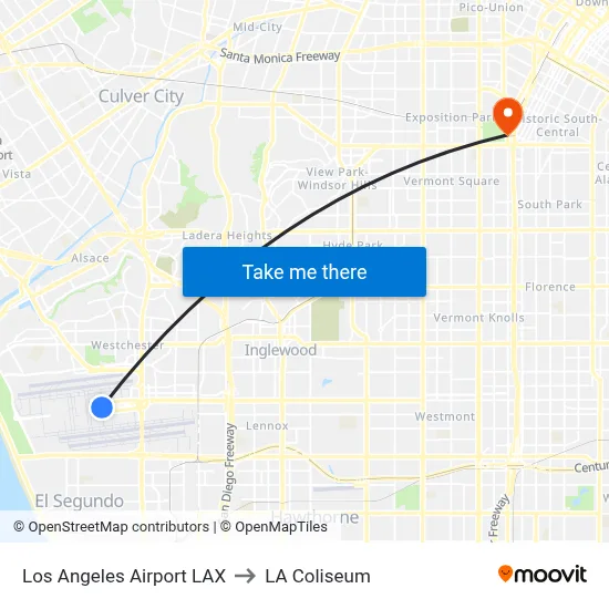 Los Angeles Airport LAX to LA Coliseum map