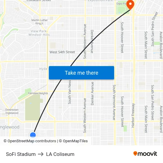 SoFi Stadium to LA Coliseum map