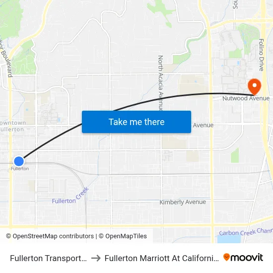 Fullerton Transportation Center to Fullerton Marriott At California State University map