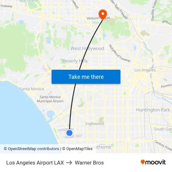Los Angeles Airport LAX to Warner Bros map
