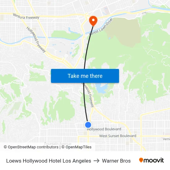 Loews Hollywood Hotel Los Angeles to Warner Bros map