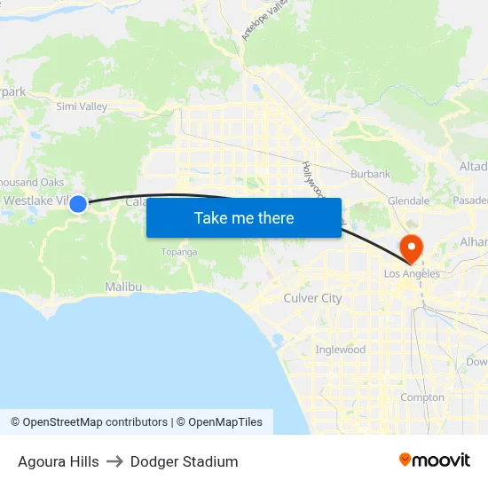 Agoura Hills to Dodger Stadium map