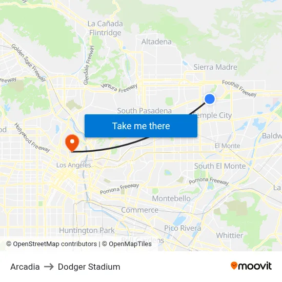 Arcadia to Dodger Stadium map
