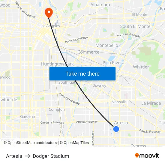 Artesia to Dodger Stadium map