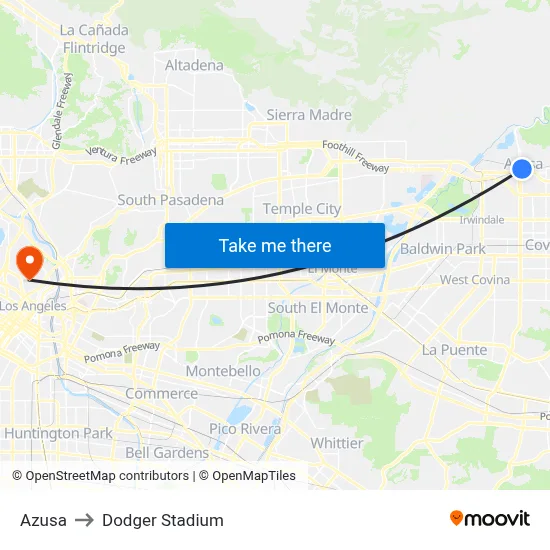Azusa to Dodger Stadium map