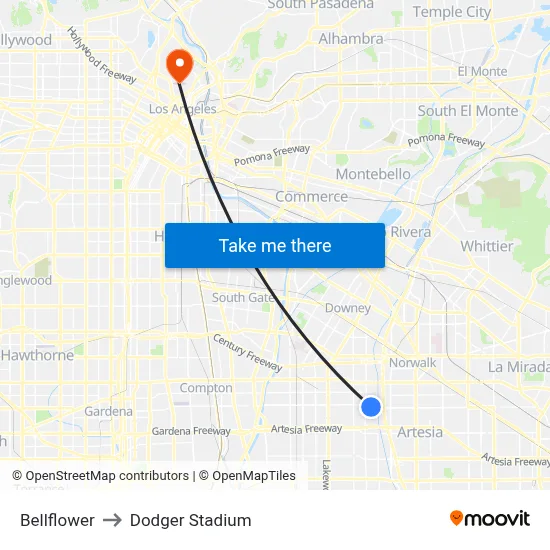 Bellflower to Dodger Stadium map