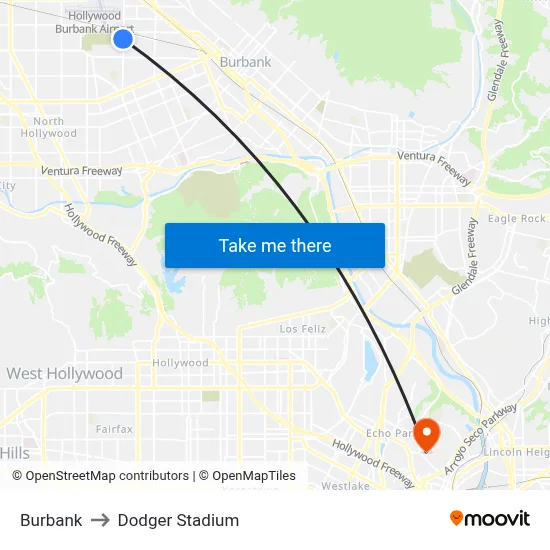 Burbank to Dodger Stadium map