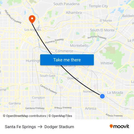 Santa Fe Springs to Dodger Stadium map