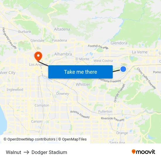 Walnut to Dodger Stadium map