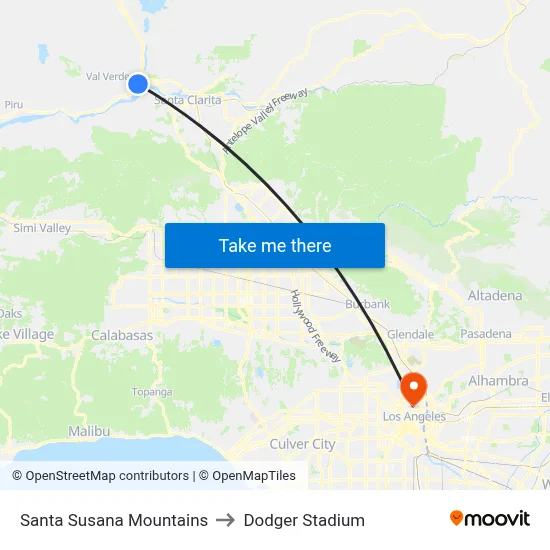 Santa Susana Mountains to Dodger Stadium map