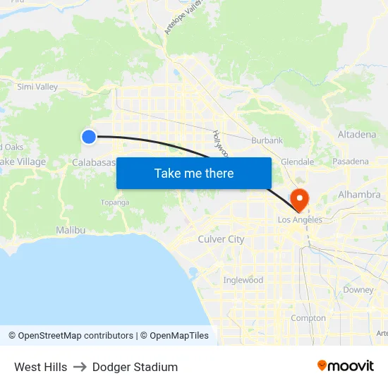 West Hills to Dodger Stadium map
