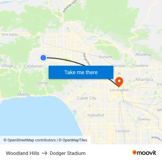 Woodland Hills to Dodger Stadium map