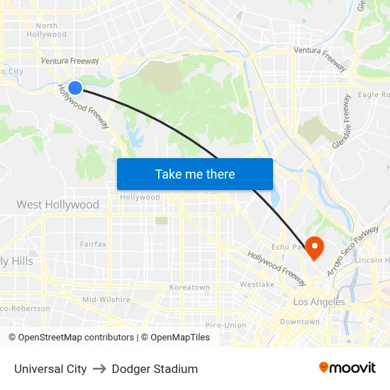 Universal City to Dodger Stadium map