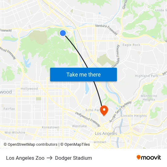 Los Angeles Zoo to Dodger Stadium map
