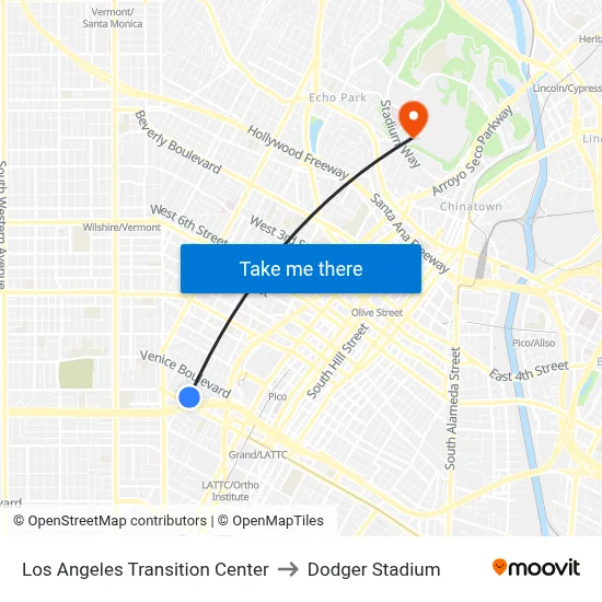 Los Angeles Transition Center to Dodger Stadium map