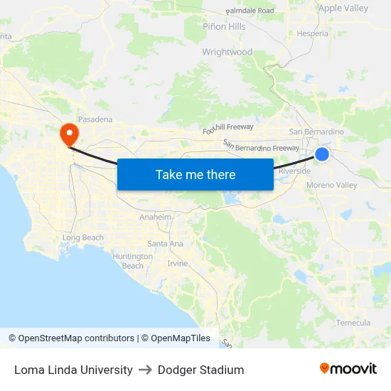 Loma Linda University to Dodger Stadium map