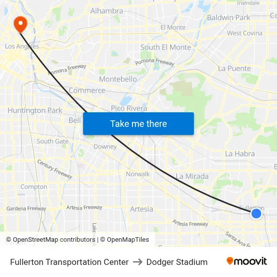 Fullerton Transportation Center to Dodger Stadium map