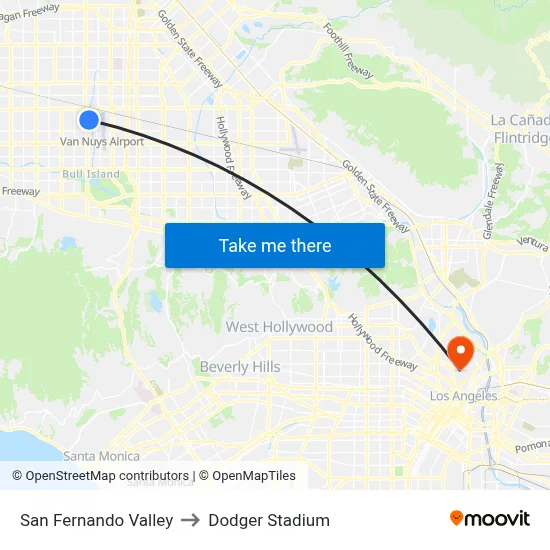 San Fernando Valley to Dodger Stadium map