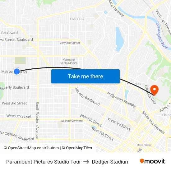 Paramount Pictures Studio Tour to Dodger Stadium map