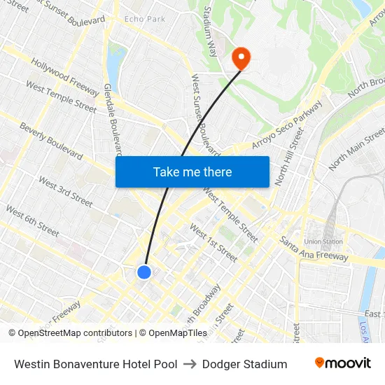 Westin Bonaventure Hotel Pool to Dodger Stadium map