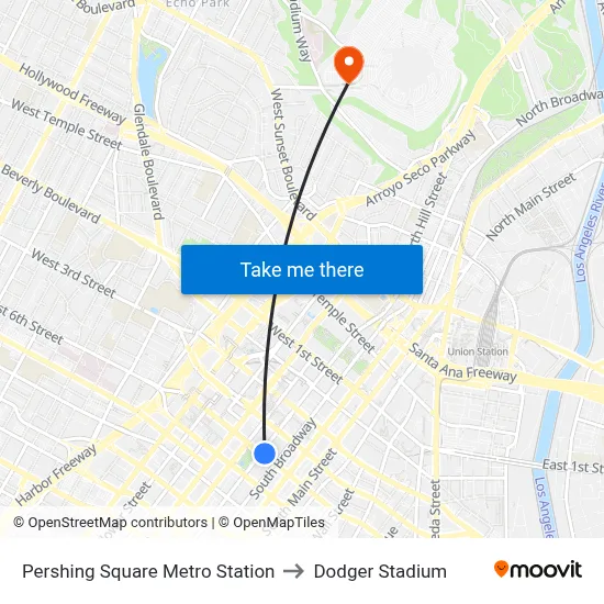 Pershing Square Metro Station to Dodger Stadium map